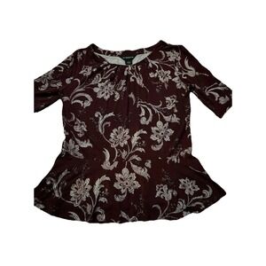Liz Claiborne Career Red Floral Print Short Sleeve Casual Top Women's Size S